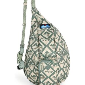 KAVU Rope Sling bag in a beige and sage green geometric pattern.
